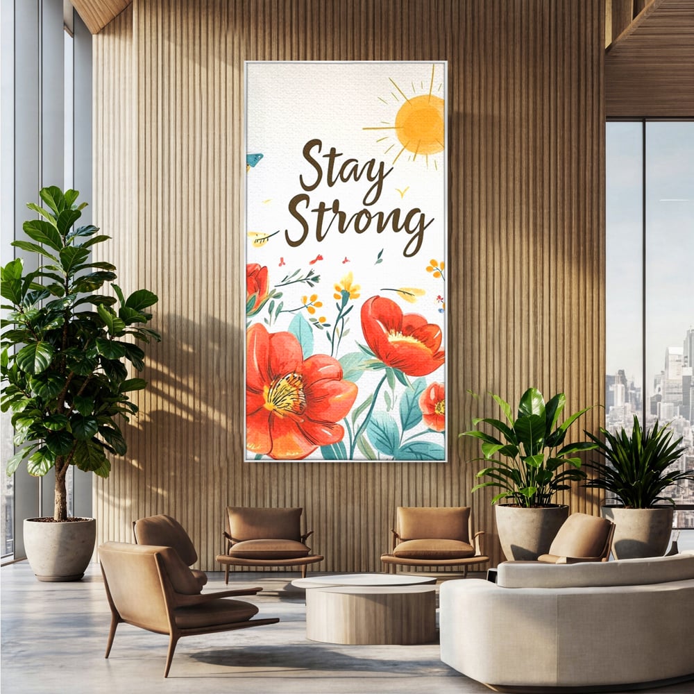 Tablou canvas cu tablou motivational cu flori si soare, in rama de aluminiu argintiu, pe perete intr-un birou